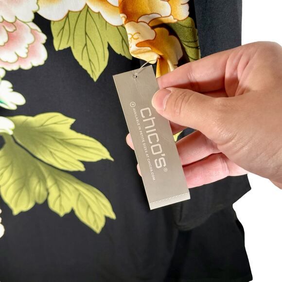 Chico's NWT Women's 3 (XL) Black Asian Eastern Bouquet 3/4 Sleeve Tunic Blouse - Picture 8 of 11